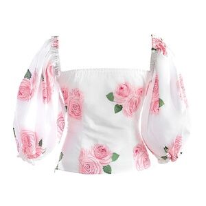 Smitten Pink Rose Puff Sleeve Top Off Shoulder Cottagecore Coquette Small